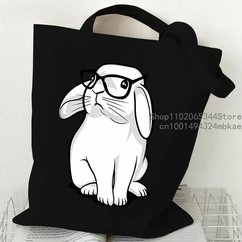 Cute Rabbit Pattern Canvas Tote Bag Women Men Cartoon Bunny Portable Shopping Bag Fashion Large Capacity Teen Daily Handbags