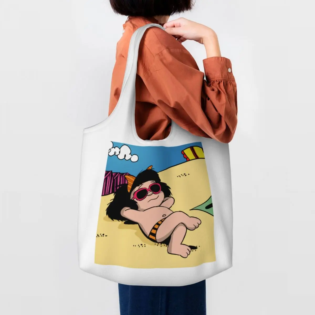 Custom Printing Funny Mafalda Summer Time Tote Shopping Bag Portable Canvas Shopper Shoulder Cartoon Manga Quino Comic Handbags