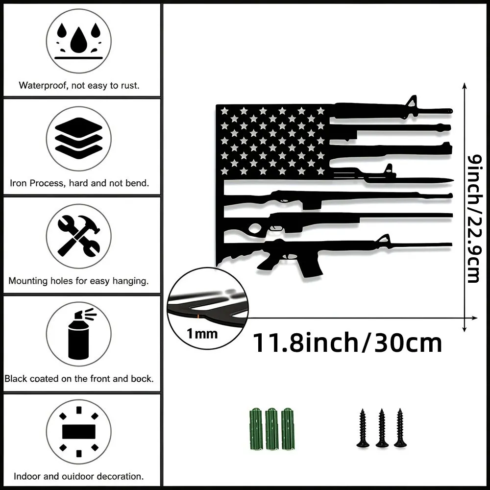 Patriotische amerikanische Flagge mit Gewehr-Silhouette, Metall-Wandkunst, US-Flagge mit Gewehr-Motiv, Metallschild, für die Männerhöhle, die Garage, als Geschenk für Veteranen. – Detail 1