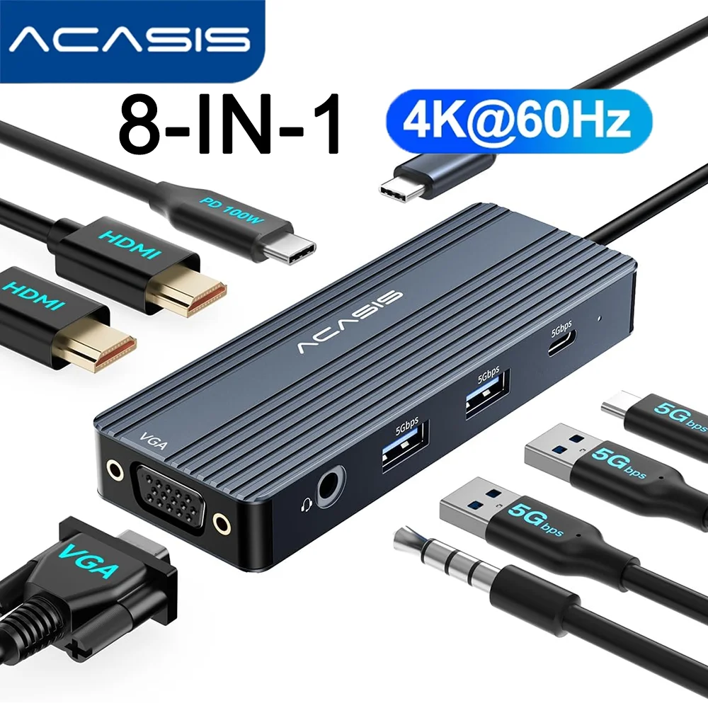 

ACASIS 8-in-1 USB C Docking Station Dual HDMI 4K PD 100W USB C Hub Multiport Adapter for Laptop with VGA Audio USB 3.0 Ports