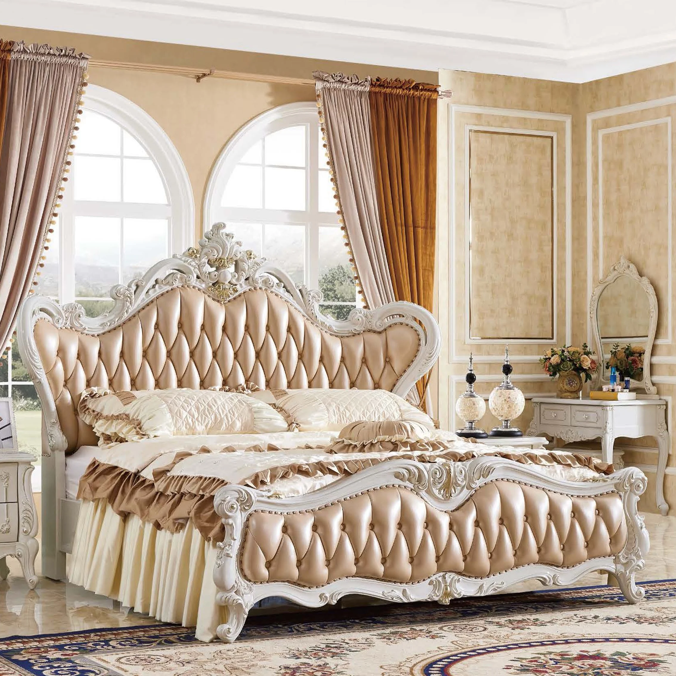 

Кровать для спальни в европейском классическом стиле, двуспальная, размеры Queen/King, с резным каркасом из массива дерева, обивка из натуральной кожи, комплект мебели для спальни