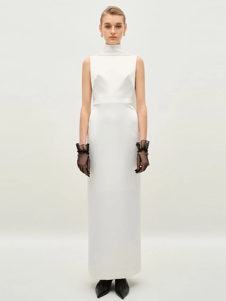 

Sexy O Neck Backless Draped Long Dress Women Black White Sleeveless Folds Slim Dresses Evening Party Cockatil Gowns