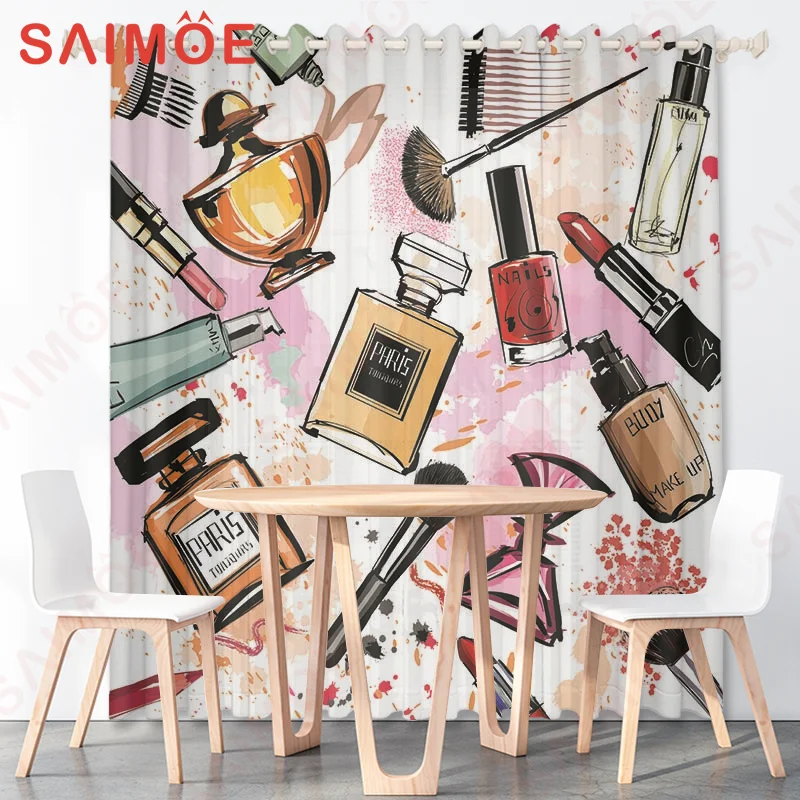 European American Women's Cosmetics Custom Curtains Lipstick Nails Polishs Thin Polyester Fabric Living Room Bedroom Decorations