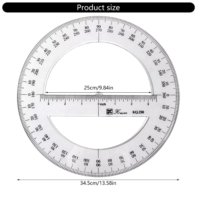 A9LC 25cm 360 Degree Protractor Ruler Round Protractor for School Classroom Office