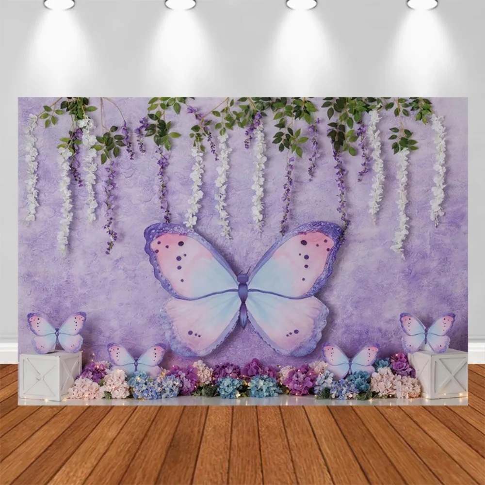 Colorful Purple Butterfly Garden Theme Banner Decoration Background, Birthday Party, Home Decoration Photography Backdrop Cloth