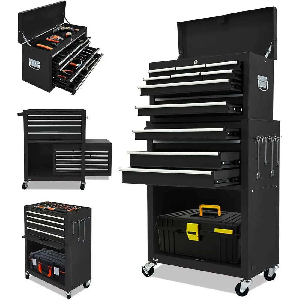 

Сверхмощный ящик для инструментов с 13 ящиками и съемным шкафом для хранения, запираемыми колесами, грузоподъемностью 600 фунтов — черный
