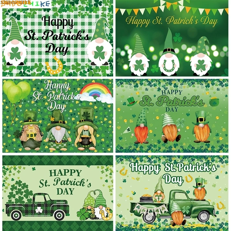 

St Patricks Day Backdrop Gnome Decoration Green Hat Festival Irish Shamrocks Party Decor Banner Leprechaun Photo Background PA01