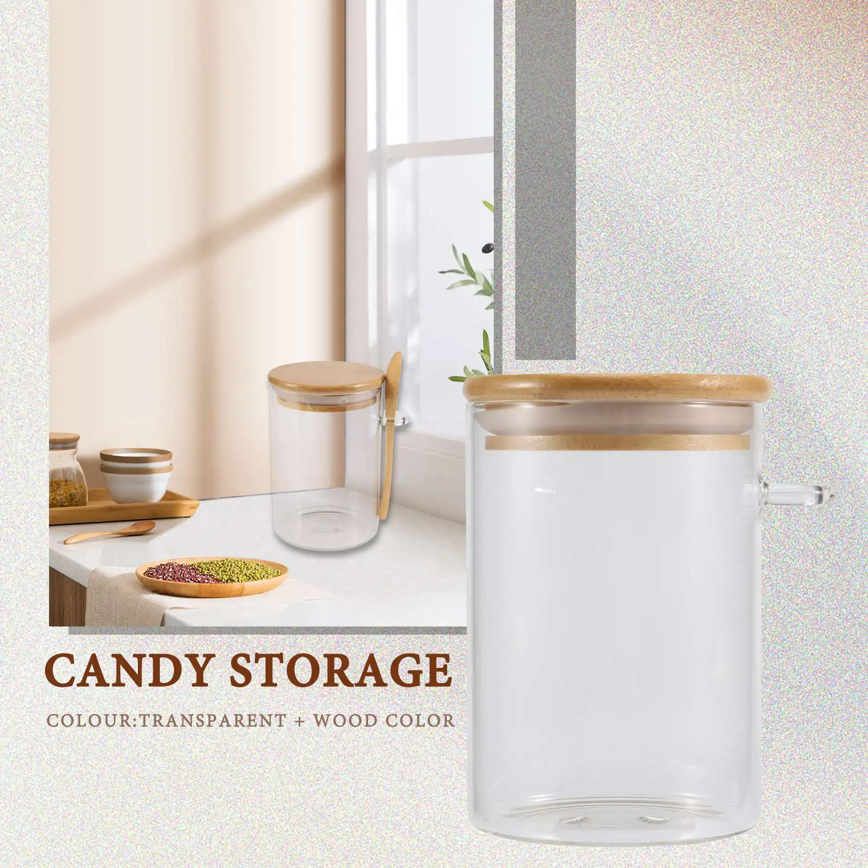 Glass Food Airtight Canister Castor Lid Storage Tank Jar Bamboo Food Container with Wooden Spoon