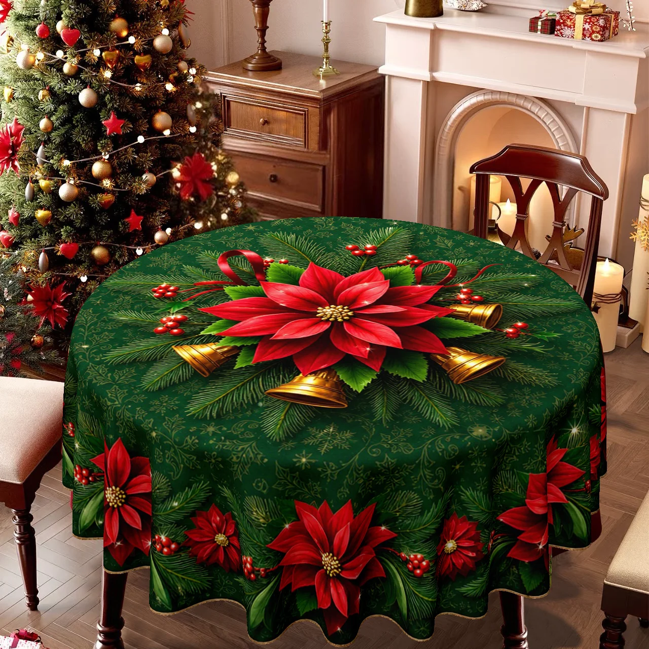 1 tablecloth, Christmas-themed, tablecloth with frangipani, pine needles and bells on a green background