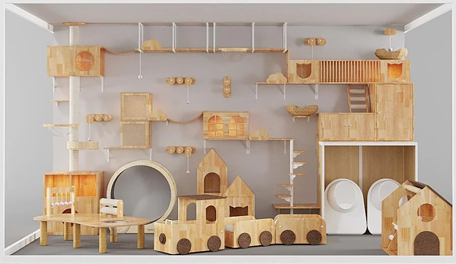 Luxury Customizable Carbon Steel Frame With Rubber Wood Board Tempered Glass Pet Tree Tower Cabinet Large Space Cat House Villa
