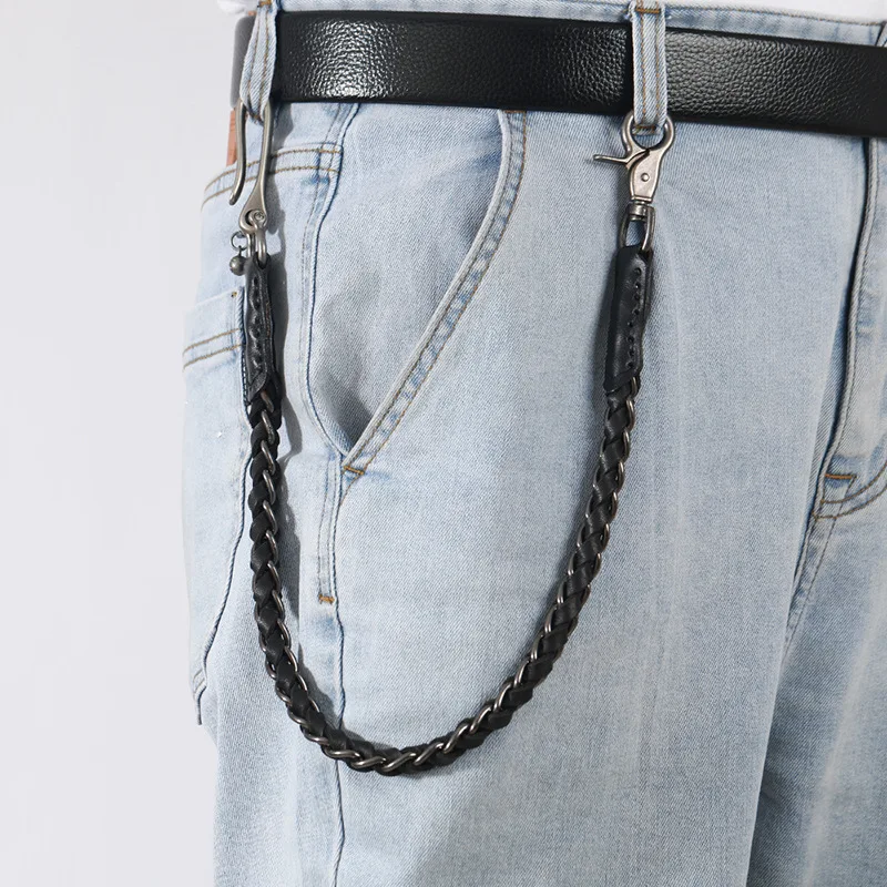 Men Punk Style Genuine Leather Biker Keychain Handcrafted Jeans Wallet Waist Chain Men\'s Rock Design Clothing Accessories