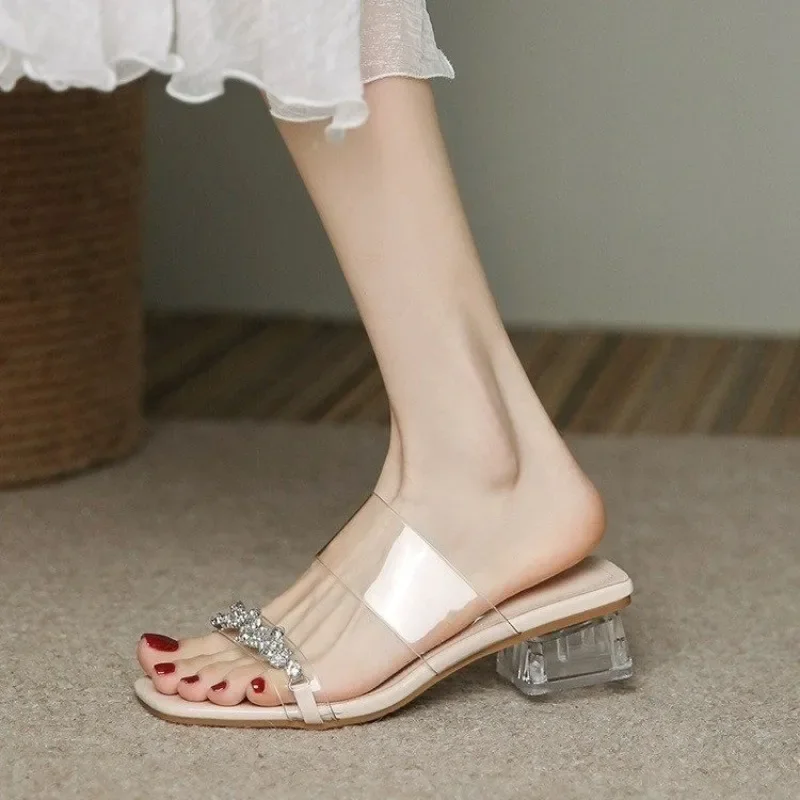 2024 Summer New Fashion Elegant Casual Thick Heel Sandals PVC Square Toe Lightweight Apricot Open Toe Slippers NO: 616