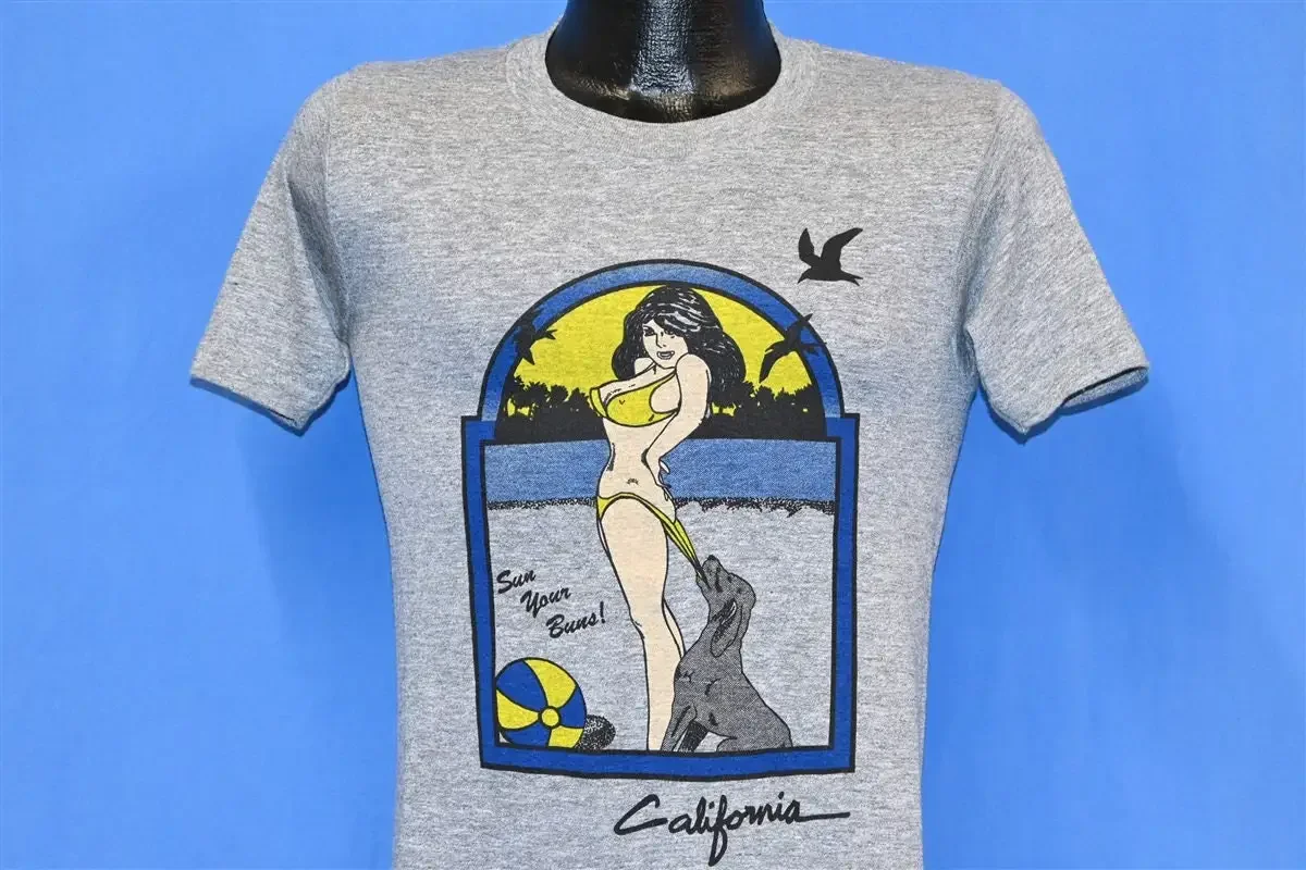 80s California Sun Your Buns Bikini Funny Spoof Rayon Tri Blend T Shirt Small