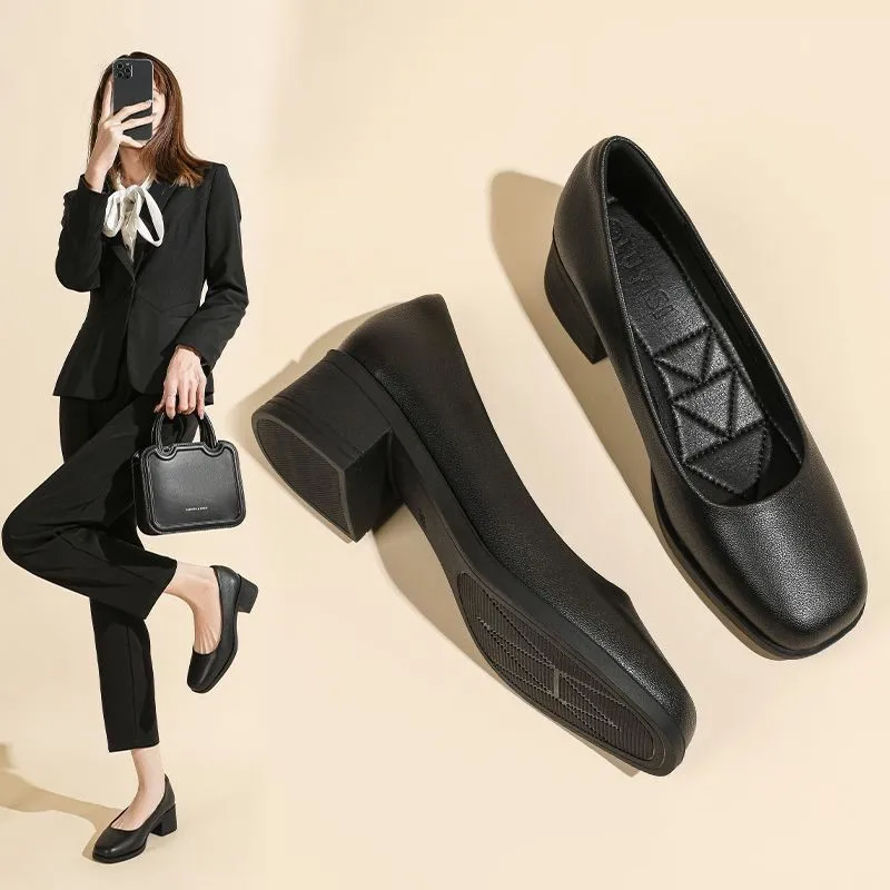 Black High Quality Women's High Heel Shoes Classic Fashion Women Casual Shoes Low-heeled Formal Soft Leather Elegant Work Shoes