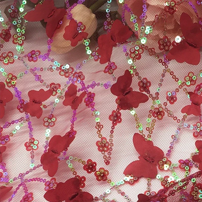 100x130cm 3D Butterfly Sequins Mesh Fabric High Quality Laser Embroidery Sequin Tulle Fabric DIY Dress Shawl Sewing Cloth