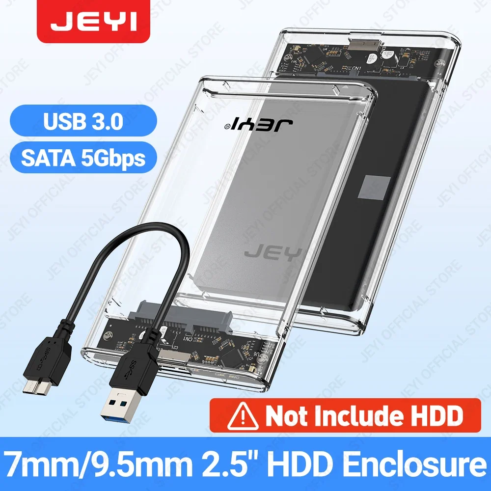 JEYI 2,5'' externes Festplattengehäuse USB 3.0 zu SATA III Werkzeugloses, transparentes Festplattengehäuse für 2,5 Zoll 7 mm 9,5 mm SATA HDD SSD