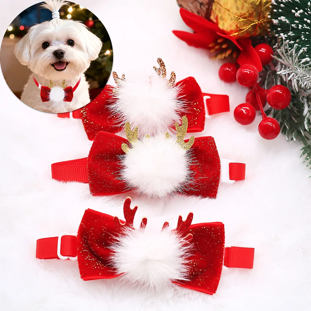 20/40PCS New Dog Bow Ties For Christmas Party Antlers Shape Dog Bowties Collars For Small Dogs and Cats Plush Ball Pet Supplies