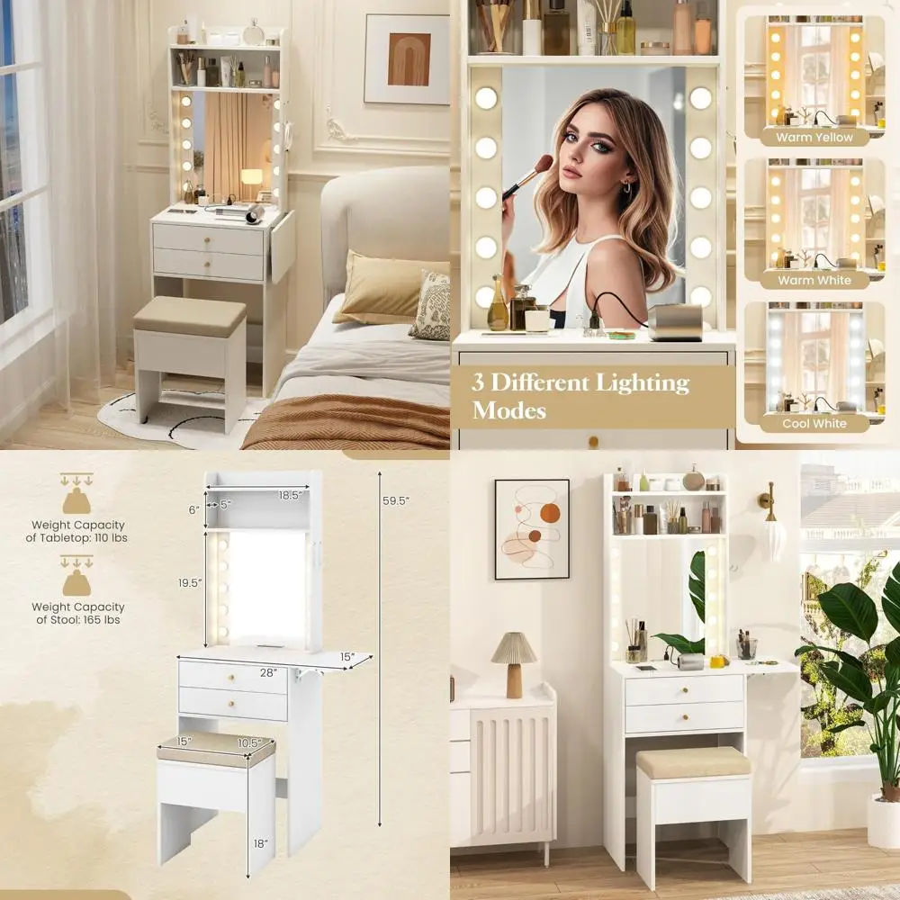 مكتب مكياج مدمج مع مقعد مبطن، ومرآة مضاءة بثلاثة ألوان، وتخزين مخفي للمساحات الصغيرة #1