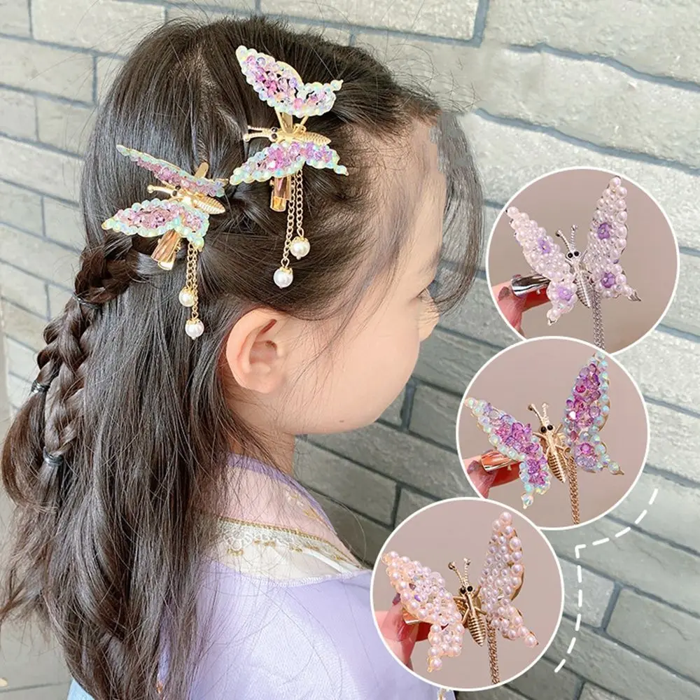 Princesa Pérola Borla Side Clip para Meninas, grampo infantil, borboleta Headwear bebê, grampo de cabelo estilo antigo, acessórios de cabelo