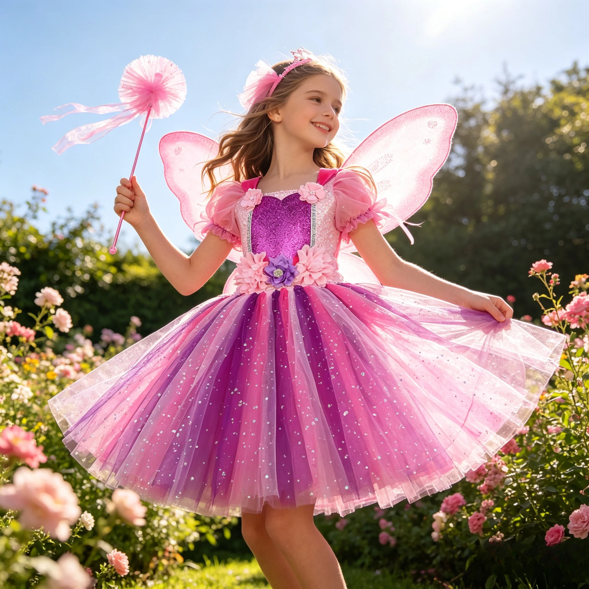 Girls Princess Twinkling Floral Decoration Pink Purple Fairy Dress With Tulle Headband Butterfly Wings Outfit For Holiday Party