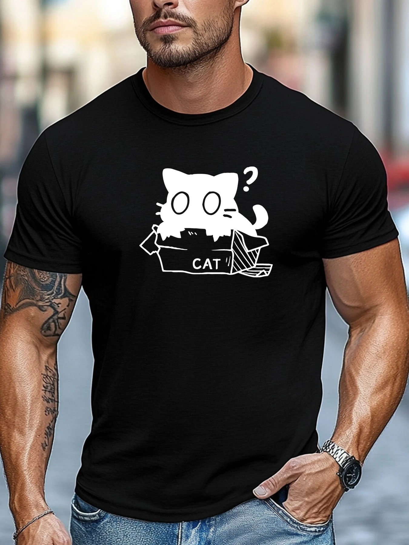 Cartoon Kitty In Box Print Men Short Sleeve Tshirt Black Cat Question O Neck Tee Pet Lover Casual Daily Male Fashion Street Tops
