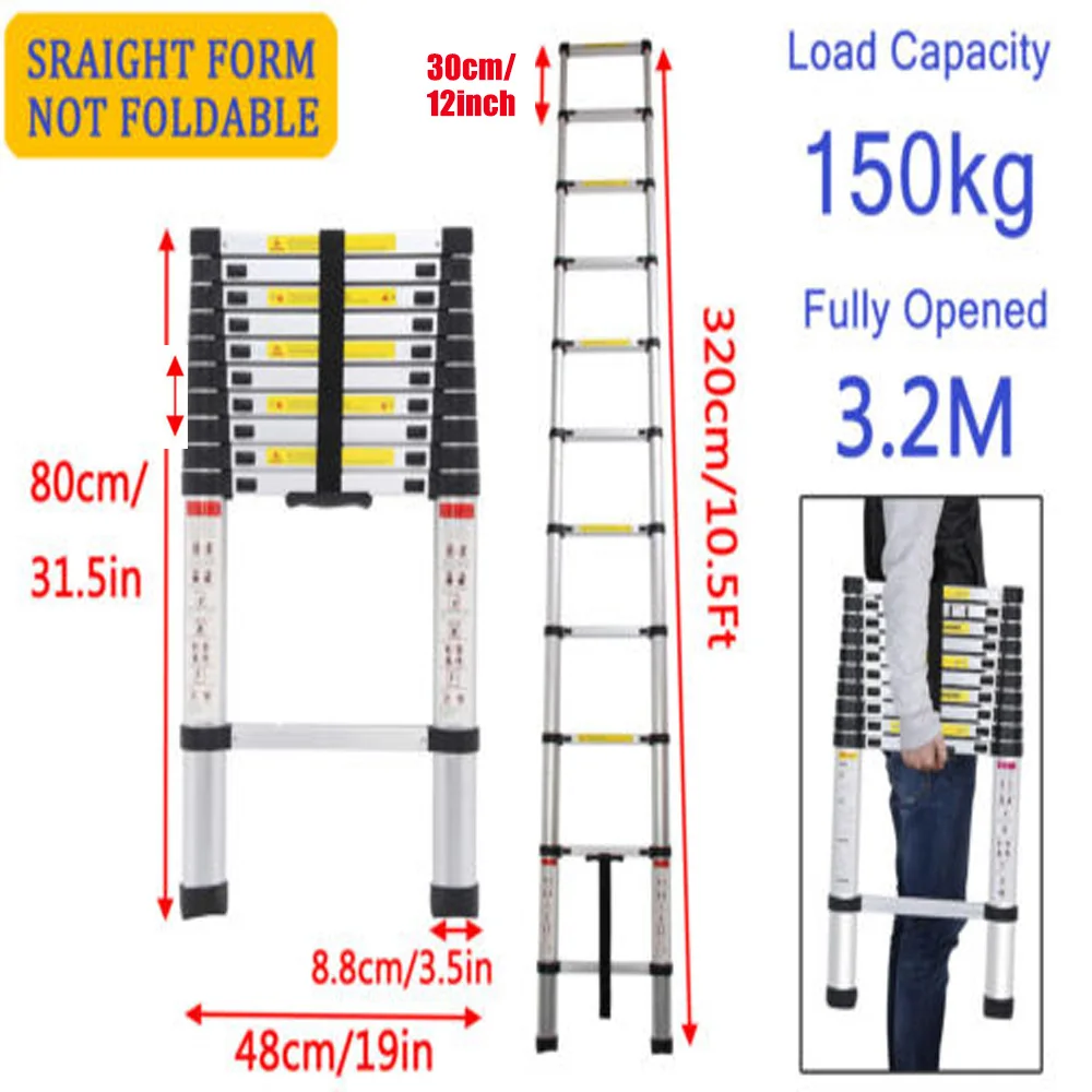 Алюминиевая складная телескопическая лестница 3,2 м/футов, портативная легкая лестница для дома, 330 фунтов