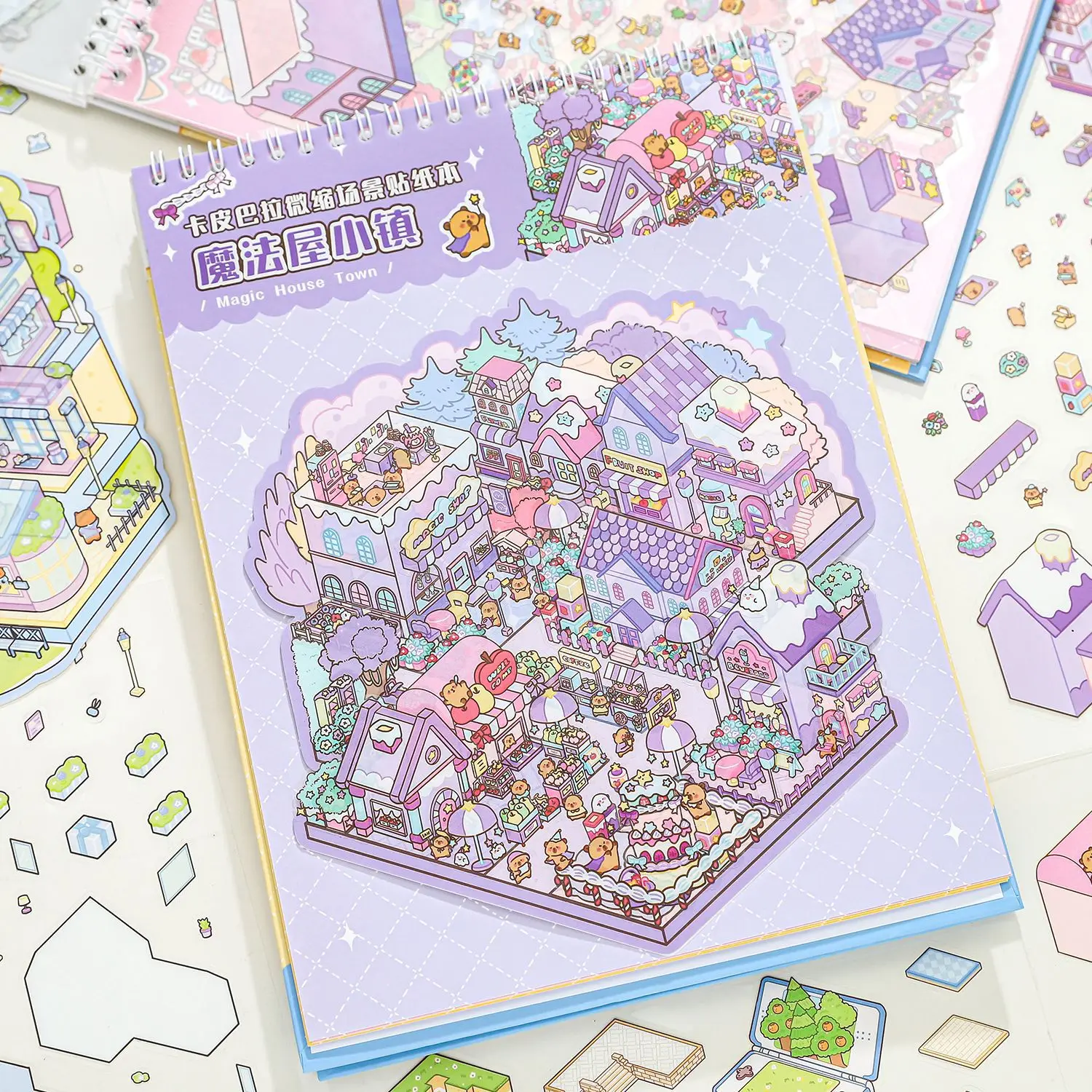 Cartoon Kapibala 3D Landscape Sticker Book Visual Stacking DIY Pocket Cabin Scene Stickers Miniature Scene Stickers Gift