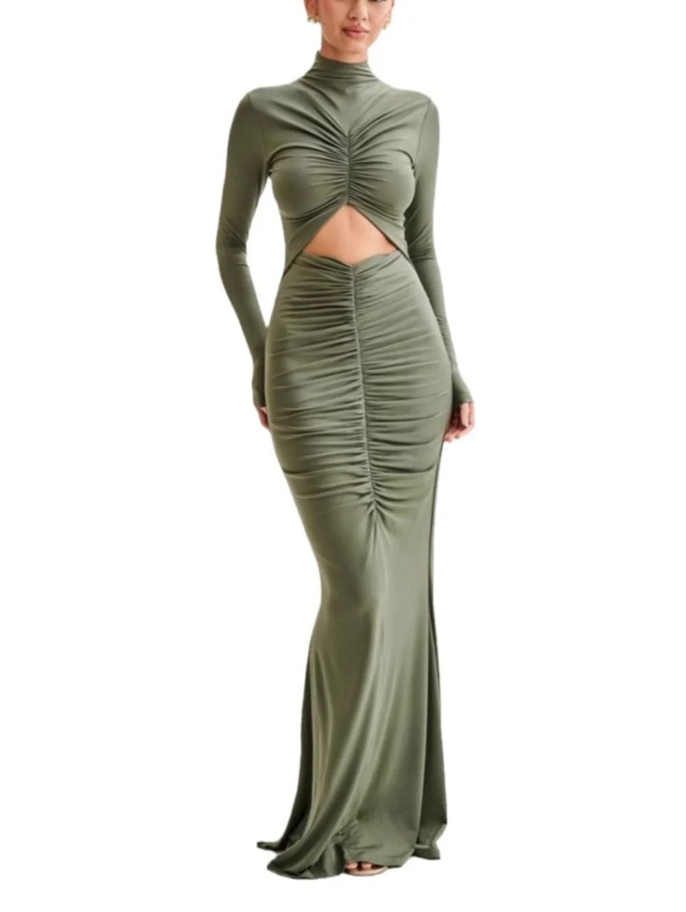 Women's Fashion Long Sleeve Dress Hollow Pleated Evening Gown Sexy Wrap Hip Dresses