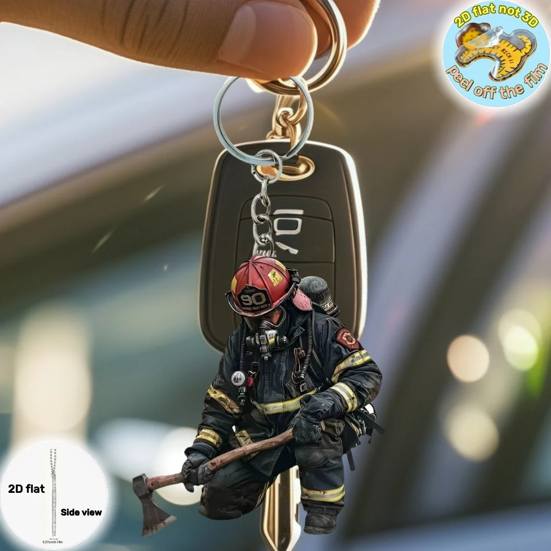 Llavero con colgante de guerrero de bombero, dijes de adorno acrílico plano 2D de bomberos, decoración colgante para coche, bolsos, festivo, fiesta, regalo