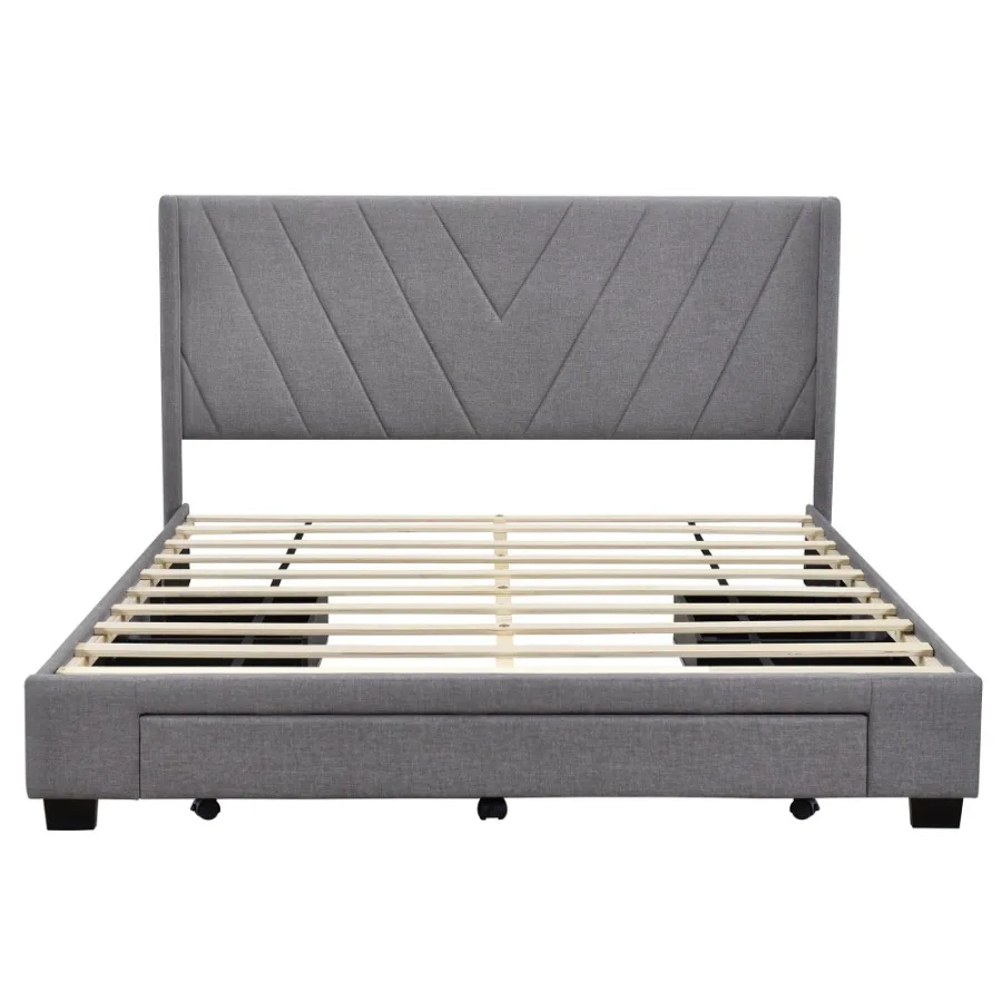 Queen Size Storage Bed Linen Upholstered Platform Bed with 3 Drawers Gray