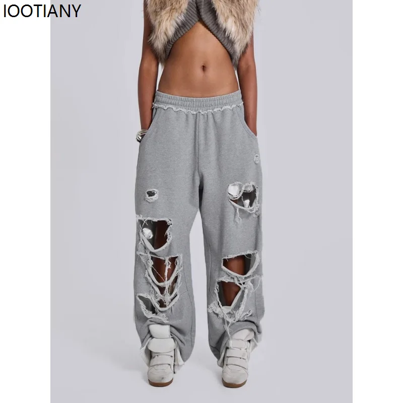 Y2k Grey Ripped Women's Jogging Wide Leg Pants American Retro Hip-hop Drape Thin Sports Pants Solid Color Loose Casual Summer