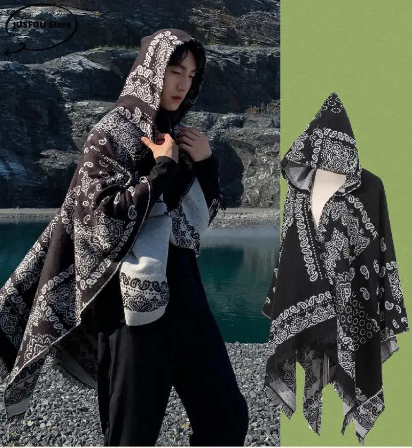 Ponchos Imitation Kaschmir Mantel Männlich Mit Kapuze Wärme Schal Capes Neue Tourismus Mäntel Erwachsene Jacquard Schal Vielseitige Dreieck Jacke