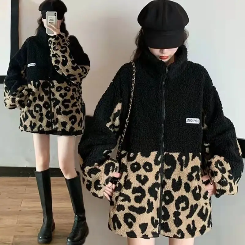 Autumn/winter Womens Patchwork Leopard Print Loose Thick Fleece Coat