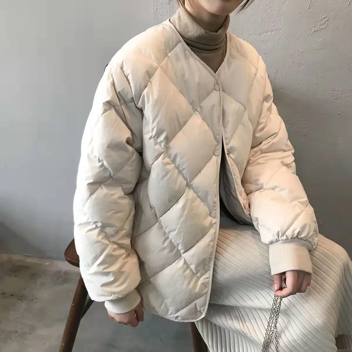 

Retro Pure Color Cotton Jacket Women's Casual Loose Style Winter New Fashion Diamond Pattern Fill Cotton Top Coat Trendy