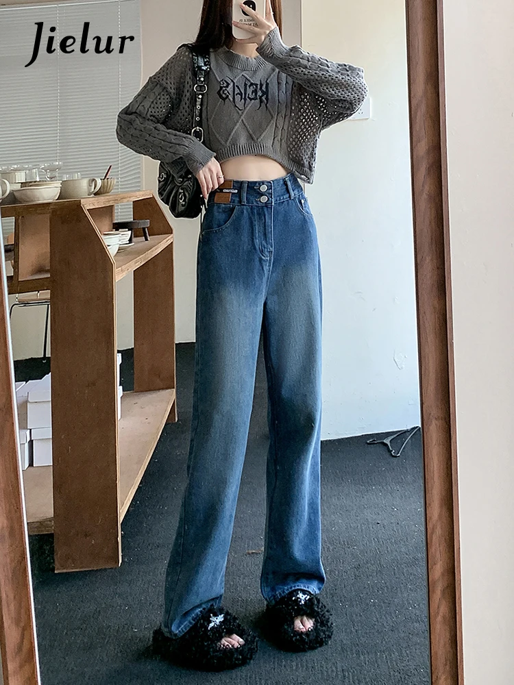 Jielur Autumn New Vintage Slim Women Jeans Fashion Street Simple Basic Woman Jeans High Waist Loose Straight Leg Pants Female