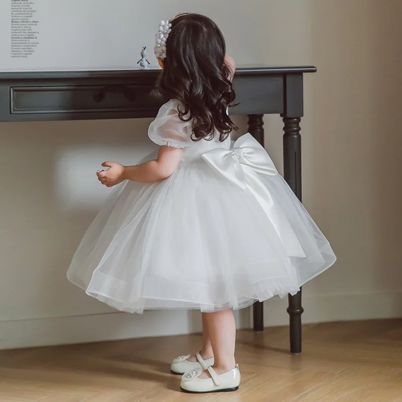 Toddler White Wedding Party Baby Dress for Girl Baptism Bow 1st Birthday Wedding Princess Dress Kids Bridemaid Prom Gown Costume