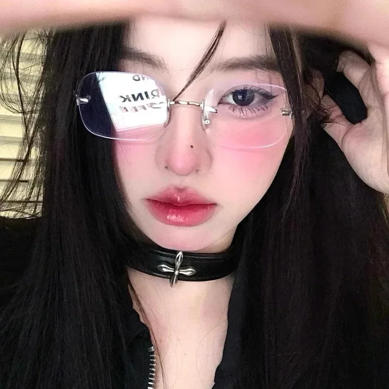 نظارات ريترو كورية بدون إطار للنساء، نظارات فضية مضادة للضوء الأزرق، نظارات شمسية مربعة صغيرة، نظارات عصرية