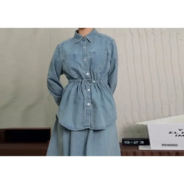 

2 Piece Skirt Set Women Fall 2025 High Waist Long Denim Skirt Button Full Sleeve Splice Jean Coats Pocket Lace Up Loose Fit Suit