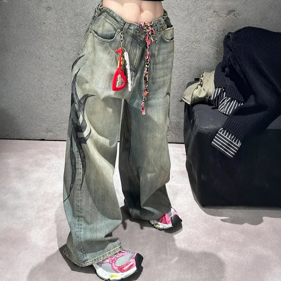 Retro Y2k Print Baggy Jeans Mode Vrouwen Hip Hop Losse Paar Amerikaanse Rechte Wijde Pijpen Broek Gewassen Gescheurde Jeans