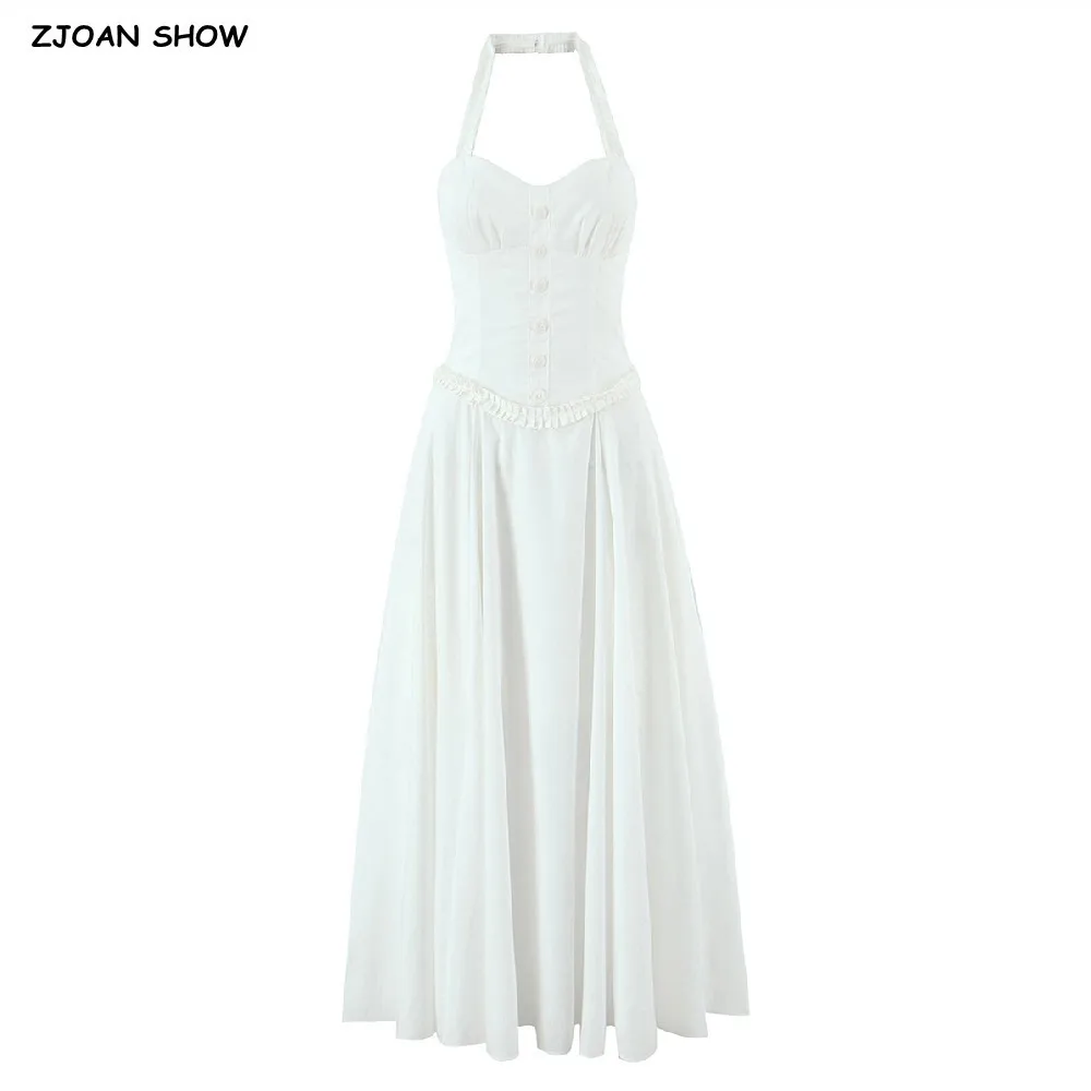 

2025 Sexy White Pleated Halter V Collar Sling Midi Dress Women Wood ears Low Waist A-Lined Swing Backless Long Dresses Robe