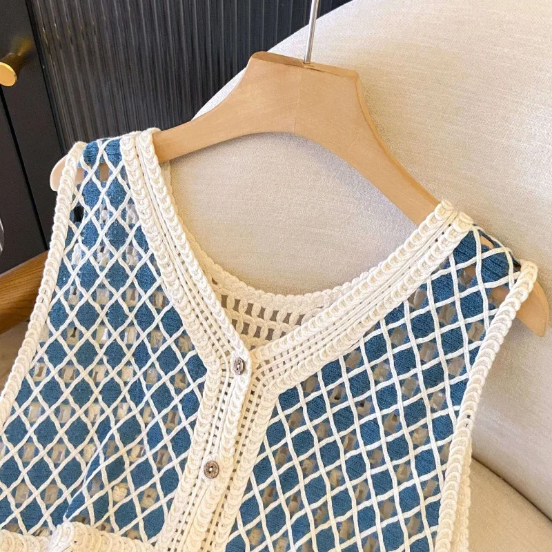 민족 스타일 다이아몬드 그리드 술 니트 조끼 여성 해변 휴가 속이 빈 민소매 카디건 남아시아 휴일 Jerkin