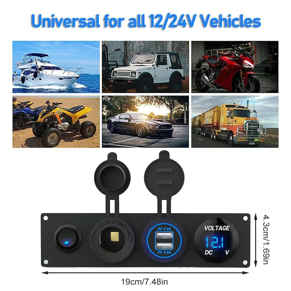 4 in 1 ON/OFF Charger Socket Panel Dual USB Socket Power Outlet & LED Voltmeter &Cigarette Lighter Socket LED Switch