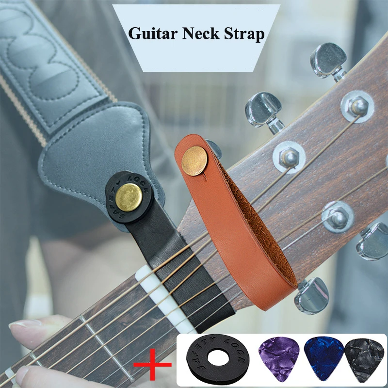 Guitar Neck Strap For Acoustic Ukulele Mandolin Leather Shoulder Headband Strap Tie With Anti-slip Lock Buckle And Three Picks