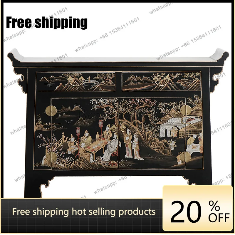 LS New Chinese Painted Entrance Cabinet Solid Wood Antique Hand Painted Character Storage Decorative Dining Side Cabinet