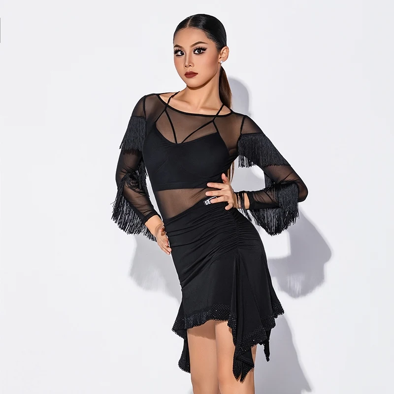 

Новинка 202, одежда для соревнований по латинским танцам для женщин, сетчатые юбки с разрезом и рукавами, костюм для взрослых и женщин, костюмы для латинских танцев DQS20631