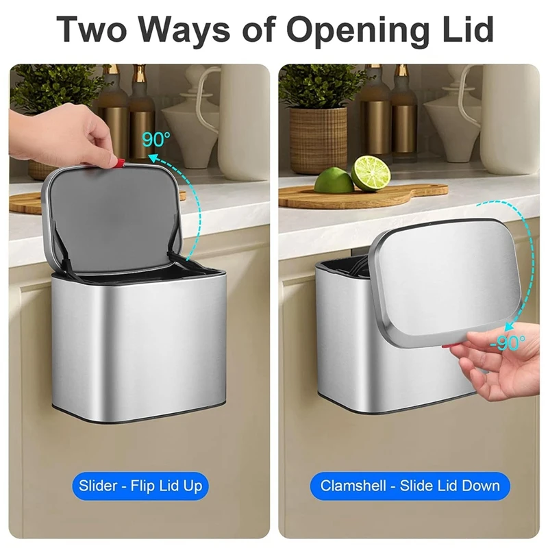 Hanging Stainless Steel Compost Bin 1.05 Gallon Wall Mounted Trash Can With Lid, Kitchen Cabinet Door Sink Garbage Can Durable