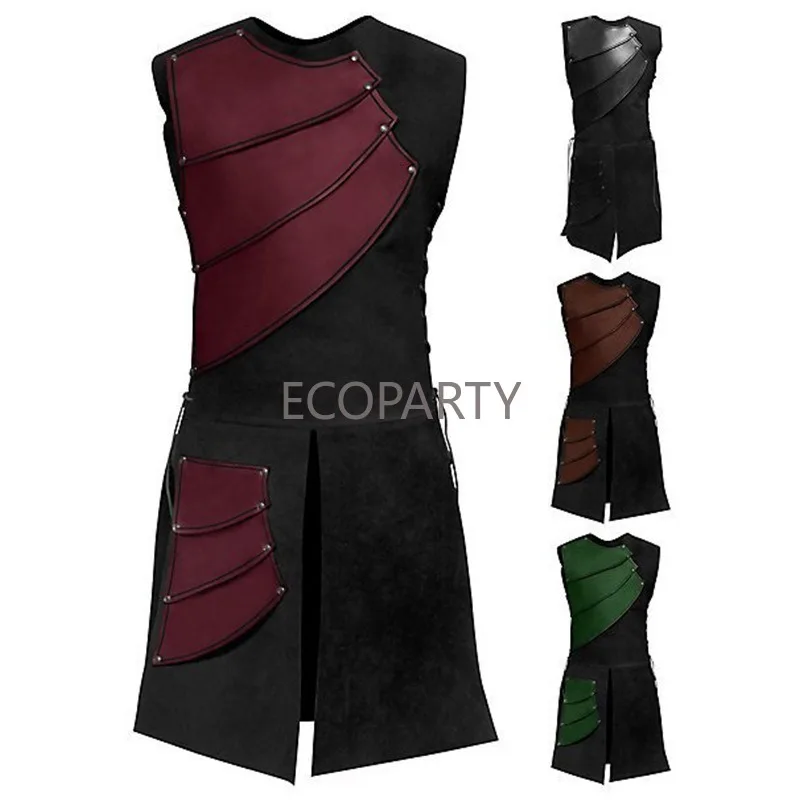 

2023 Summer Sleeveless Round Neck Side Strap Spliced Leather Medieval Vintage Warrior Battle Halloween Costume for Men Cosplay