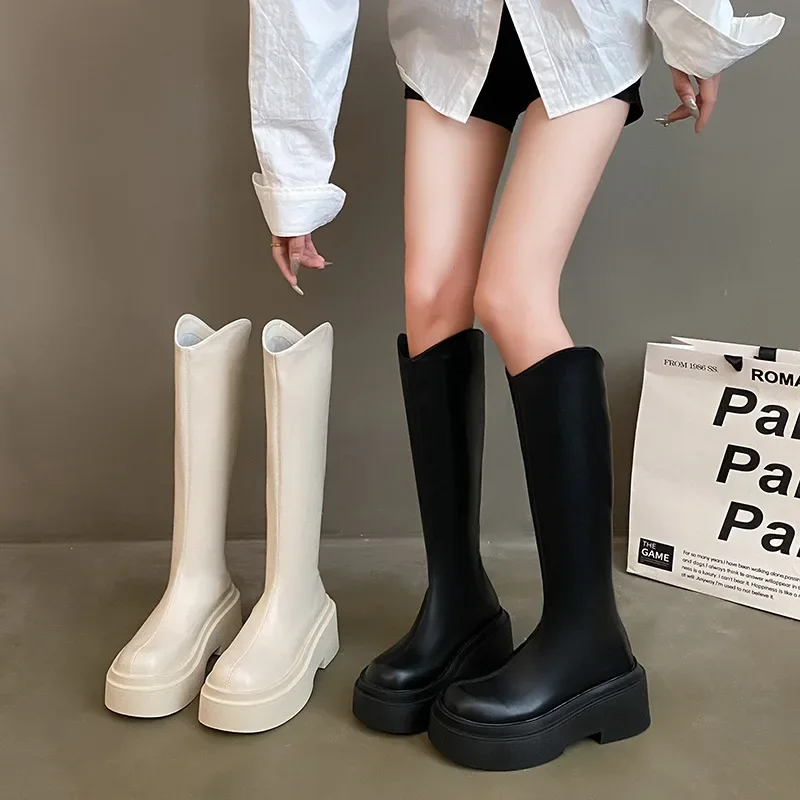 Women's Knee High Boots Thick Bottom Square Round toe Solid Color Female Knight Boots Autumn Winter Back Zipper V-mouth Botas