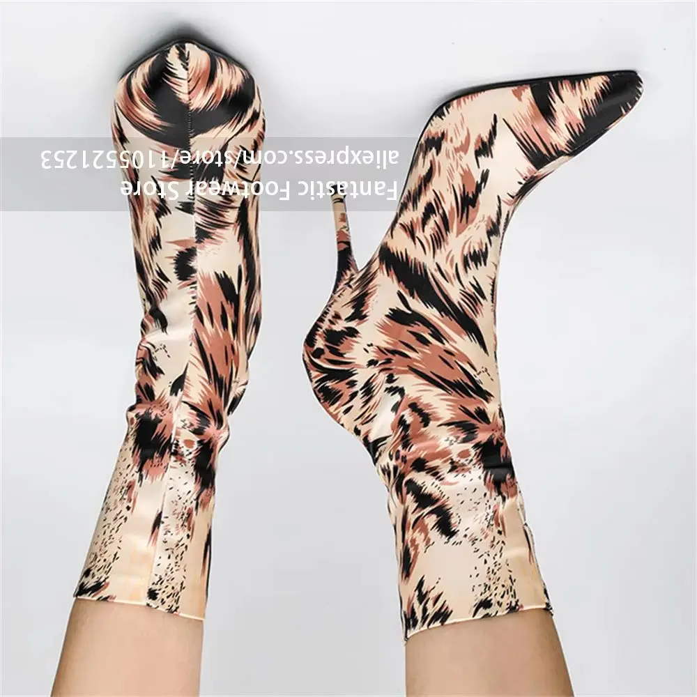 Stretchy Fabric Upper Boots Black Base With Orange Pink Floral Print Stiletto Heel Boot Pull-on Sock-fit Shaft Printed Sock Boot