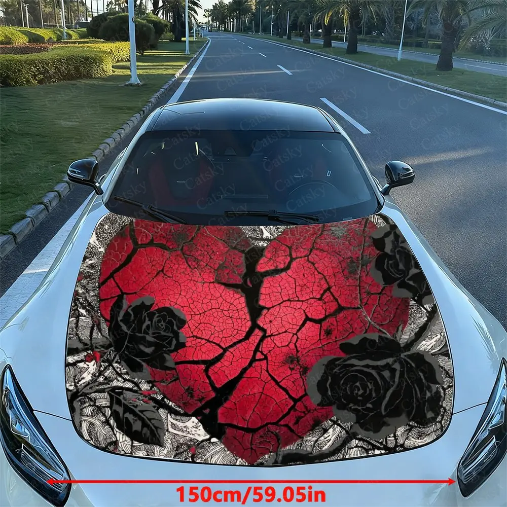 Black Rose And Red Heart Car Hood Wrap - PVC Vinyl Sticker, Auto Graphic Bonnet Decal, Stylish Truck Accessory, Vehicle Decorati